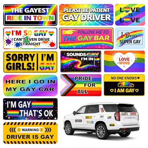 14PCS Funny LGBT Car Magnets Set Gay Pride Rainbow Magnetic Bumper Stickers Waterproof Prank Magnetic Sign Car Decals for Vehicles Trucks Fridge LGBT Pride Gifts Accessories