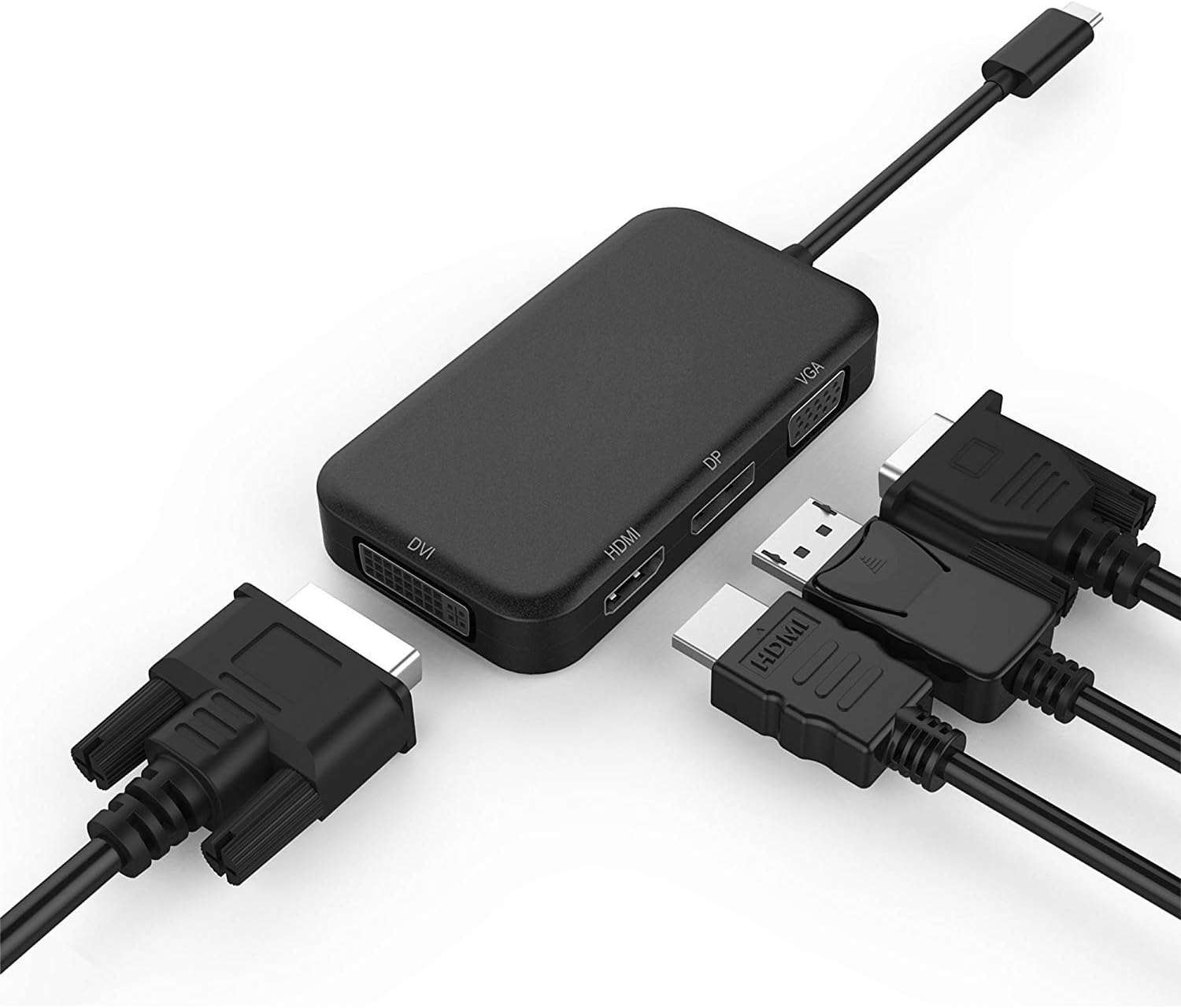 Top Brands Ultimate 4-in-1 USB-C to 4K HDMI, DVI, VGA DisplayPort DP Hub Adapter, Compact USB 3.1 Type C Multiport UHD Converter for MacBook Pro 2018 2019, Laptop, Notebook, Thunderbolt 3 Compatible Devices