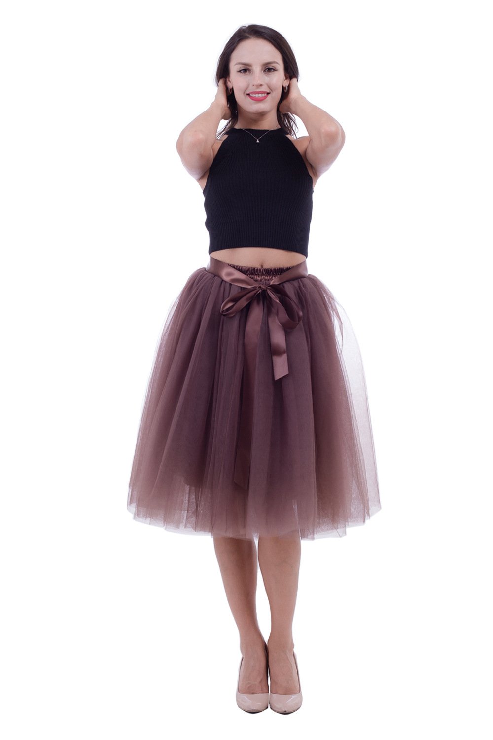 kephy Women's Tulle Skirt 7 Layers Tutus for Women A Line Knee Length Petticoat Wedding Party Adult Midi Skirt