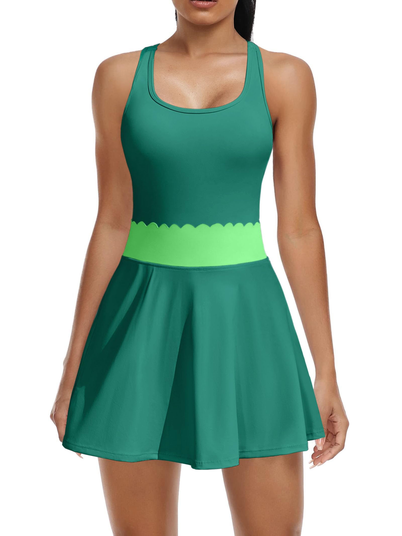 Women's 2 Piece Tennis Dress with Built-in Shorts Scalloped Golf Dress Racerback Athletic Skirts