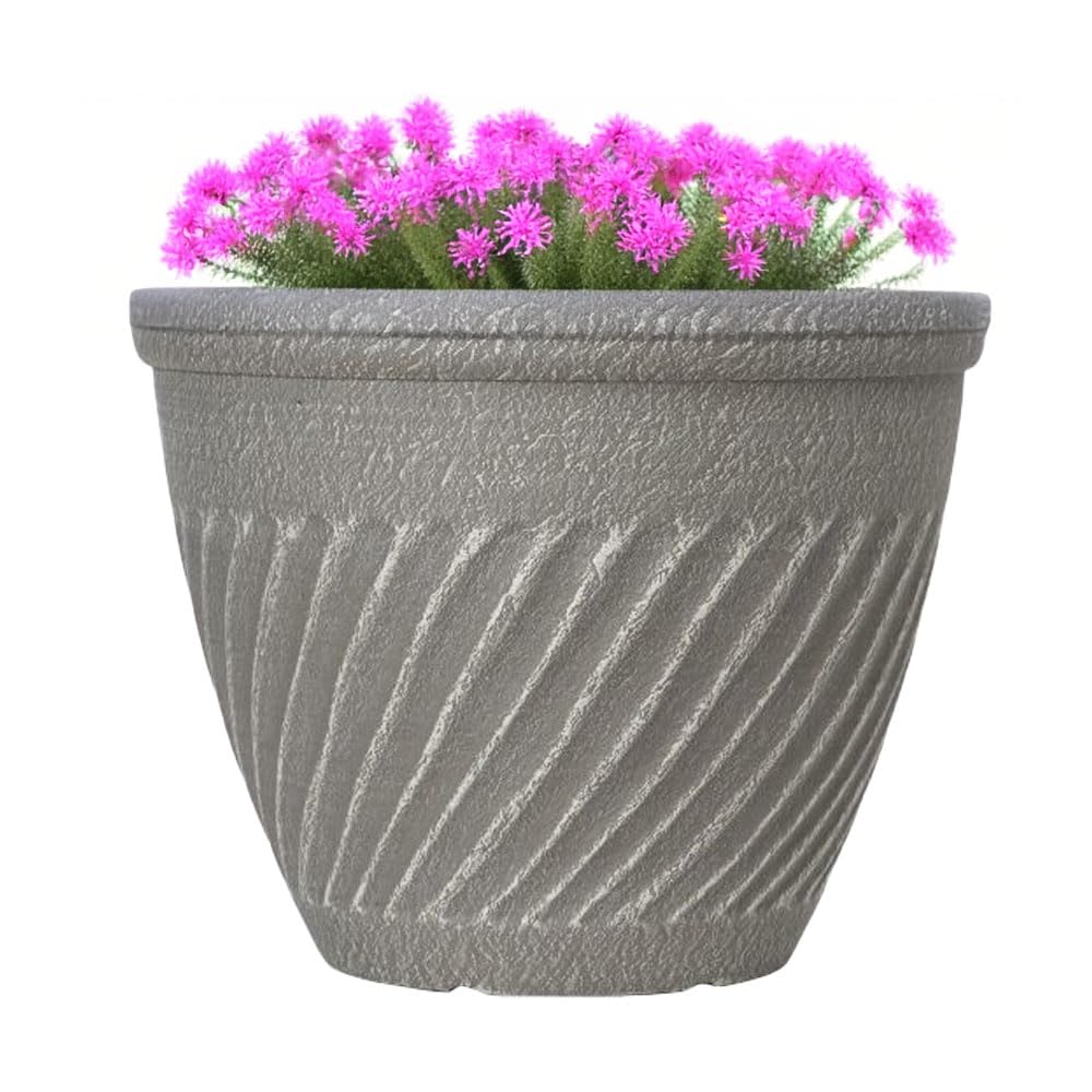 Bali Planter Distressed Cedar | Outdoor Classic Ceramic Look Round Plastic Garden Flower Pot | Glossy Finish | Frost & UV Resistant Traditional Plant | Dia: 16" or 14" (39cm or 34cm) (2, 35cm)