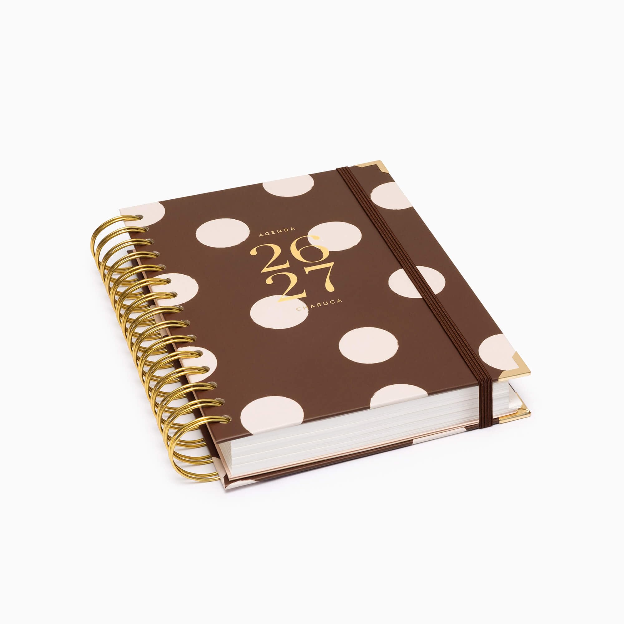 Agenda Charuca 26-27 Académica VISTA DIARIA - Tapa Dura con Detalles Dorados, Tamaño MEDIANA - Incluye BOLSA de Tela PROTECTORA y Marcapáginas - Hecho en España. (CHOCOLATE LOVE)