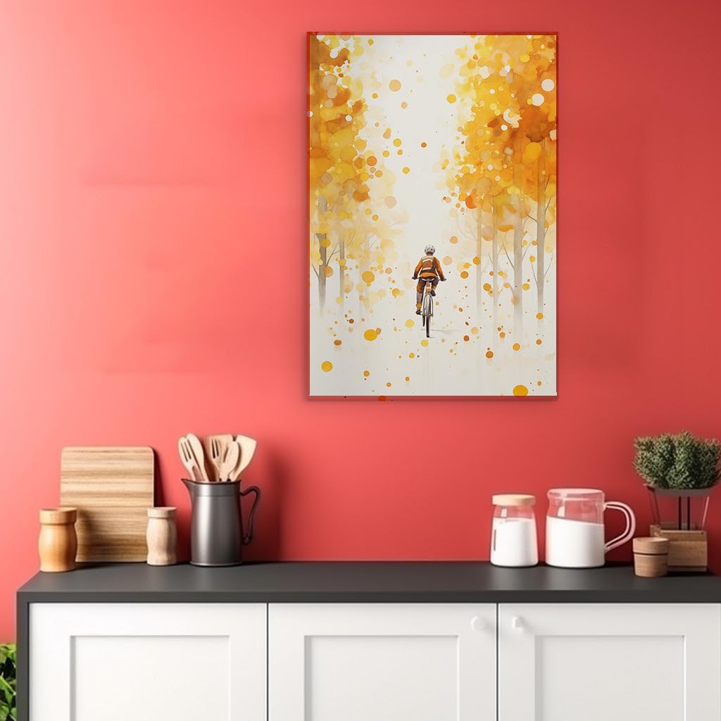 Canvas for Living room. Autumn Adventure: A Cyclist's Journey Through a Forest of Gold, 27 x 18 inch Canvas Wall Art - Modern Home Decor - 69x46 cm (27x18 inch)