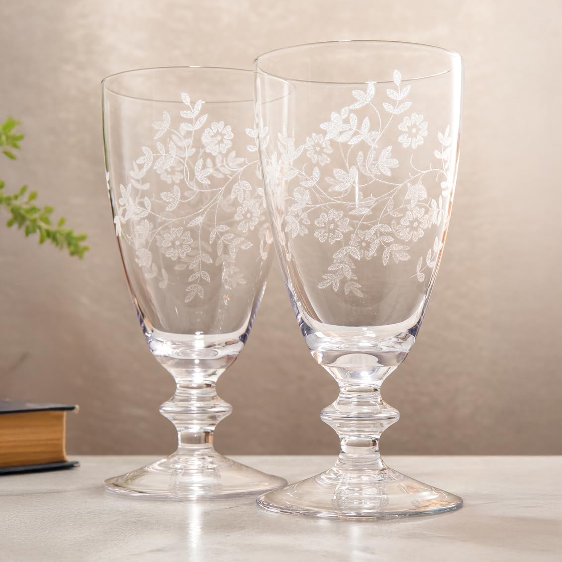 Godinger Iced Tea Glasses, Glass Cup, Drinking Glass, Drinkware and Serverware Etch Floral – Glasses for Iced Tea, Lemonade, and Beverages, Set of 4, Biltmore Collection