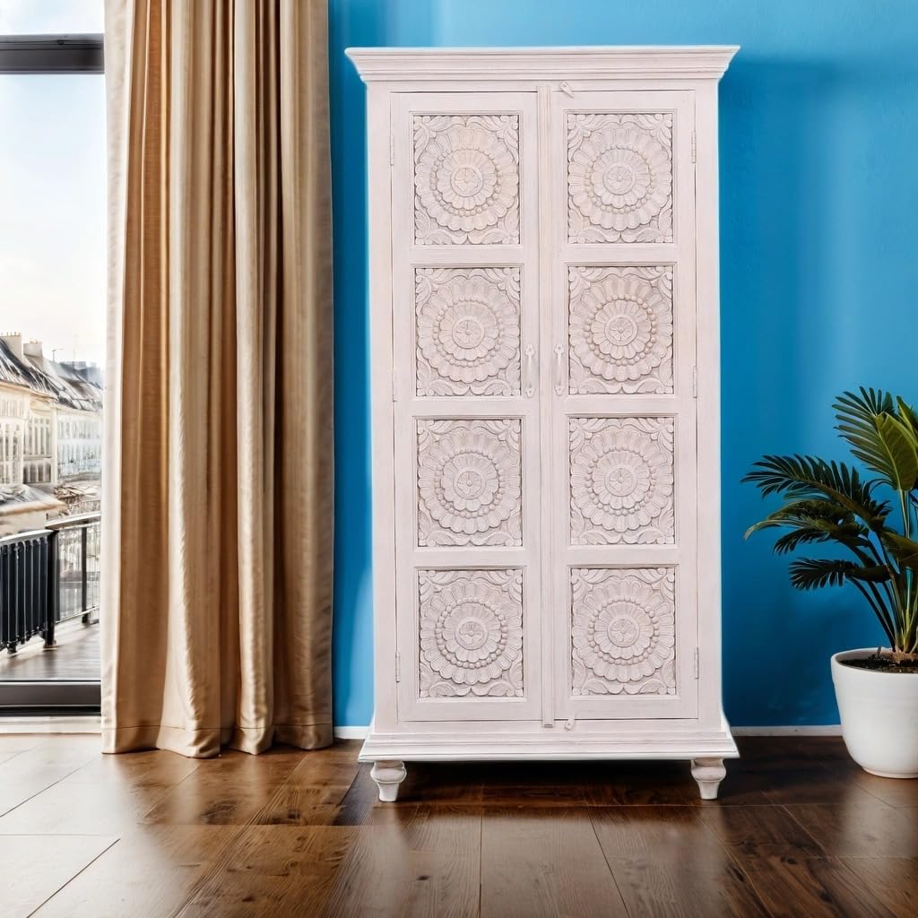 Marrakech Boho Armario en blanco de madera maciza, 185 cm, armario multiusos Haifir para salón, pasillo y dormitorio como muebles orientales, archivador para la oficina