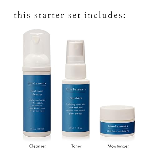 Miniatura 3 de Bioelements Mini set de iniciación de 3 pasos piel mixta, incluye limpiador de espuma flash, tóner ecualizador e hidratante de humedad absoluta,