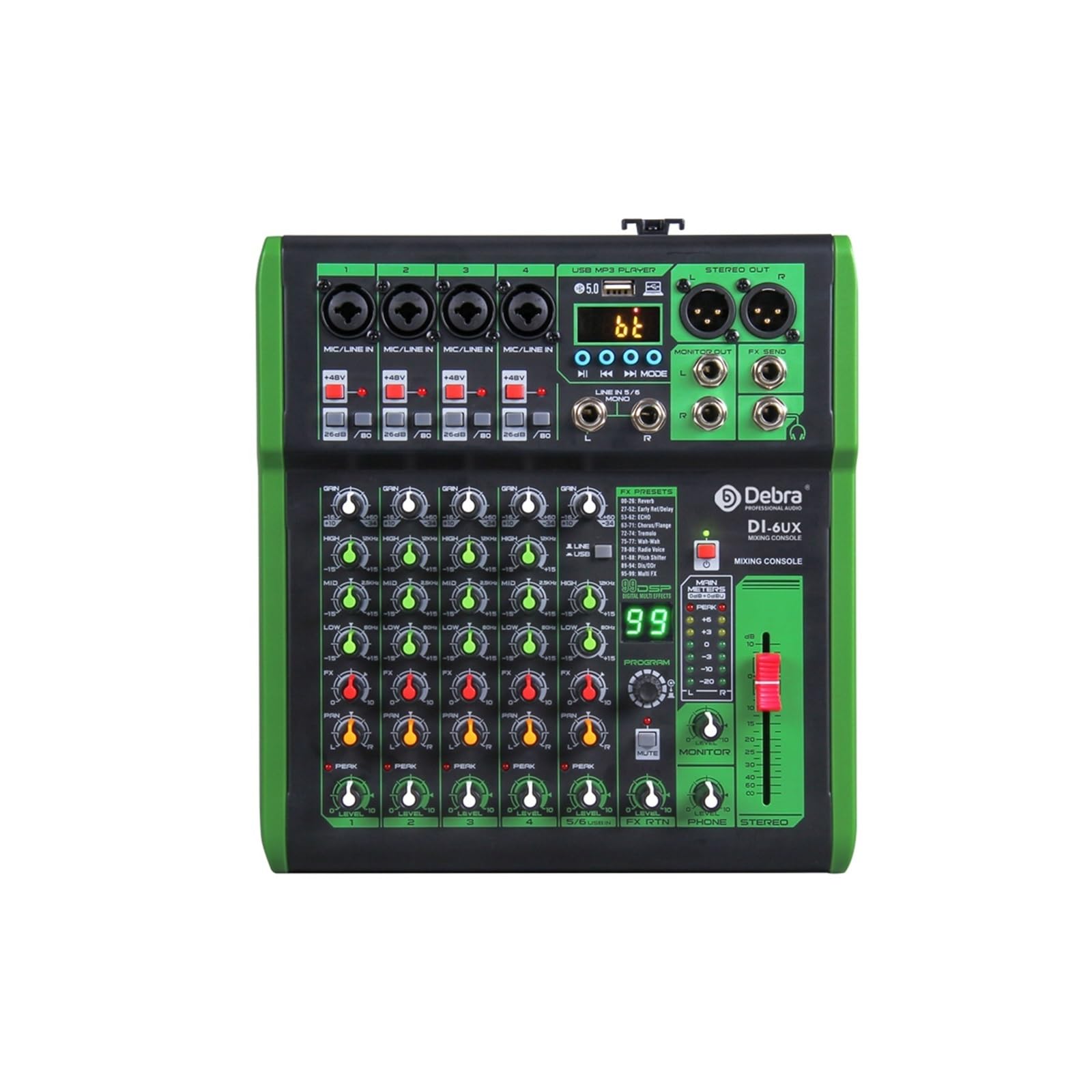 Consola mezcladora DJ con efecto digital 99DSP, alimentación Phantom de 48 V, USB, MP3 for grabación en PC,Portátil(DI-6UX 6 Channels)