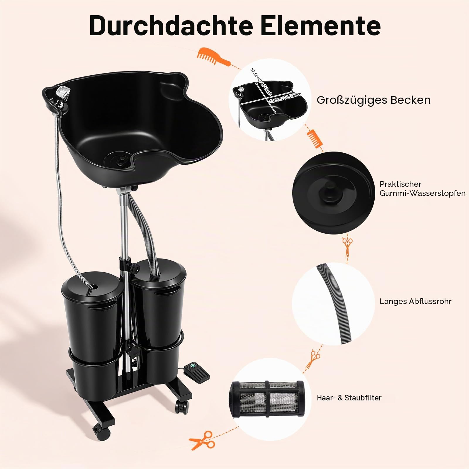 Friseur Waschbecken Mobiles Doppelte Eimer Waschbecken 1,05-1,4 m Höhenverstellbar Rückwärtswaschbecken Freistehend Shampoo Becken mit 2 x 10L Eimer und 4 Räder Haarwaschbecken