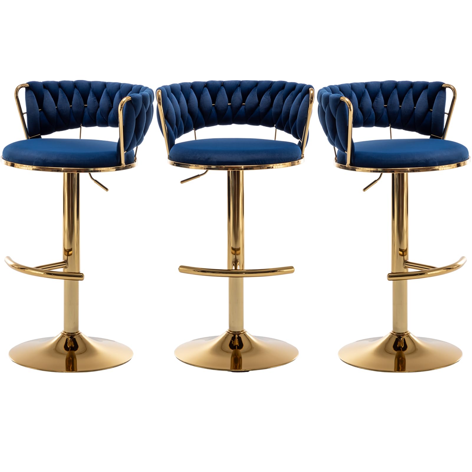 Reyxzoe Gold Bar Stools Set of 3, Velvet Swivel Barstools with Woven Backrest, Adjustable Counter Stools for Kitchen Island, Dining Room, Cafe, Pub (