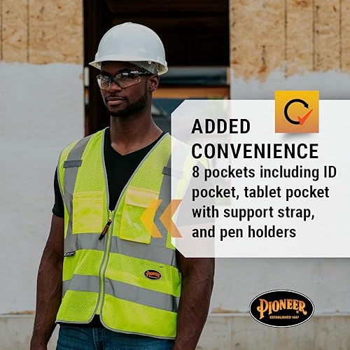Miniatura 5 de Pioneer Chaleco de seguridad para hombre, malla reflectante de neón Hi Vis, 8 bolsillos, cierre de cremallera para construcción, tráfico, trabajo de
