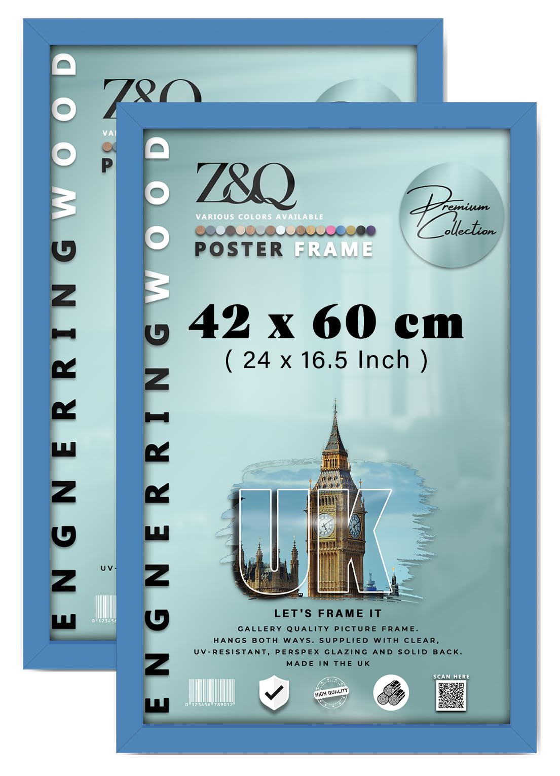 Z&Q Pack of 2 Elegant Wood Finish (42 x 60 CM) Poster Frame | for Art & Home Décor 24 x 16.5 Inch Frame Ideal for Room Interior Gallery Display [ Blue ]