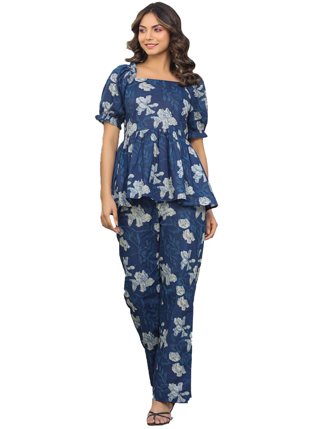 Women's Floral Print Co-ord Set, Navy Blue Peplum Top with Pants, Puff Sleeve Square Neck-image-43