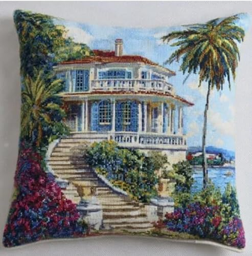FanZheZhe 11CT Stamped Embroidery Pillowcases Seaside Architecture Cross Stitch Cushion Cover,Embroidery Kit,Needlepoint Kits for Adults Beginners,45x45cm
