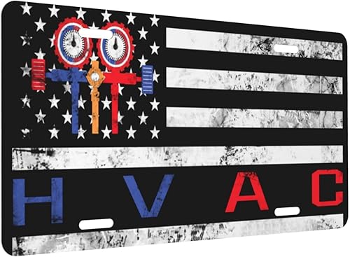 Miniatura 2 de Placa de matrícula de aluminio frontal personalizada vintage con bandera estadounidense de Técnico HVAC, adecuada para jugar al aire libre, 6 x 12