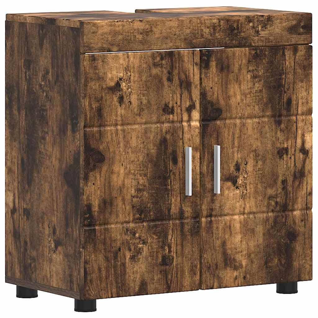 Tulum - Juego de lavabo para baño (roble ahumado, 60 x 34 x 63 cm, material de madera mate, muebles de baño con espacio de almacenamiento, moderno y duradero, para baños pequeños y