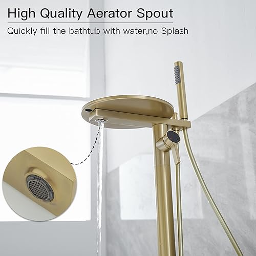 Miniatura 4 de Homevacious Grifo de bañera independiente dorado cepillado para montaje en suelo, relleno de bañera de latón de una sola manija, grifo de bañera