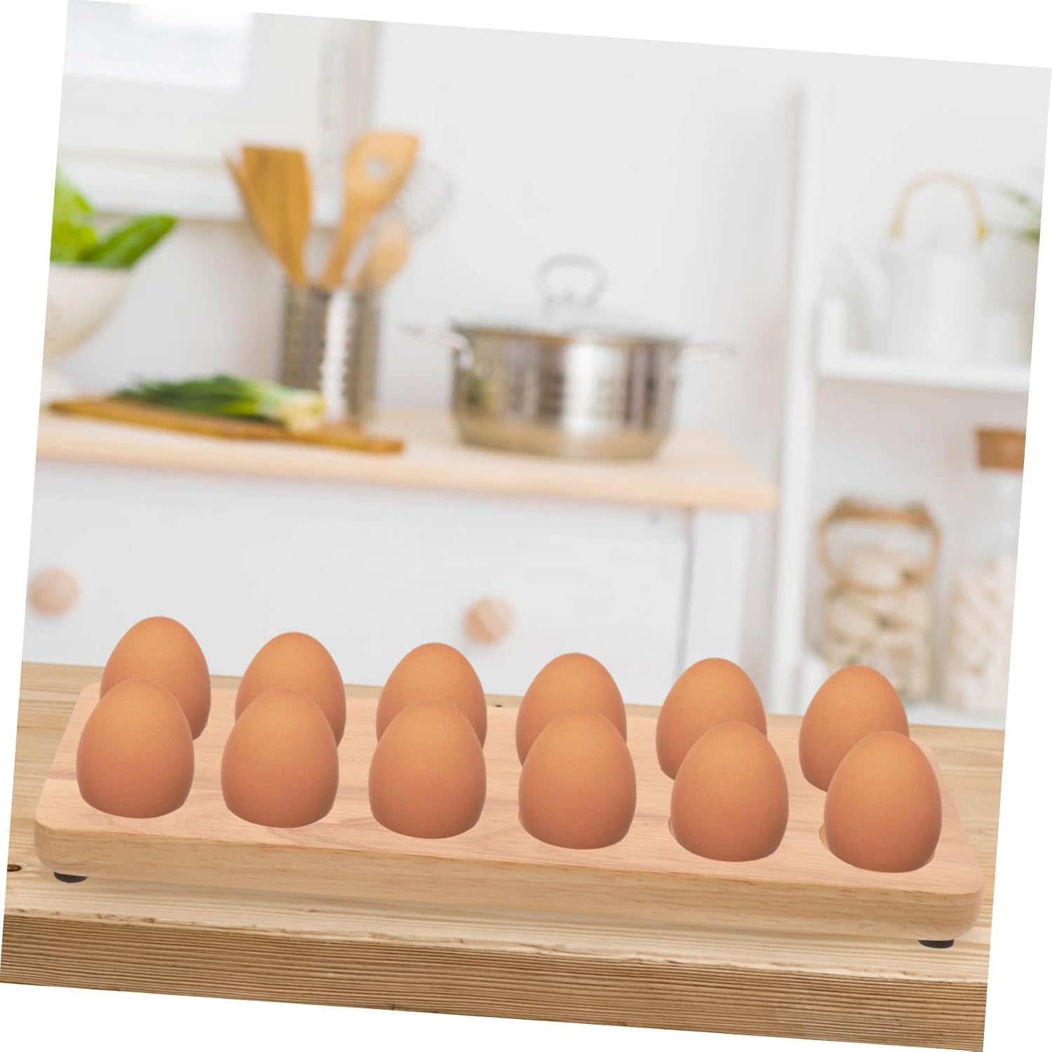 POPETPOP Egg Holder Storage Rack for Fresh Eggs Anti-break Design Dual-row Kitchen Organizer Elegant Acacia for Refrigerator Use