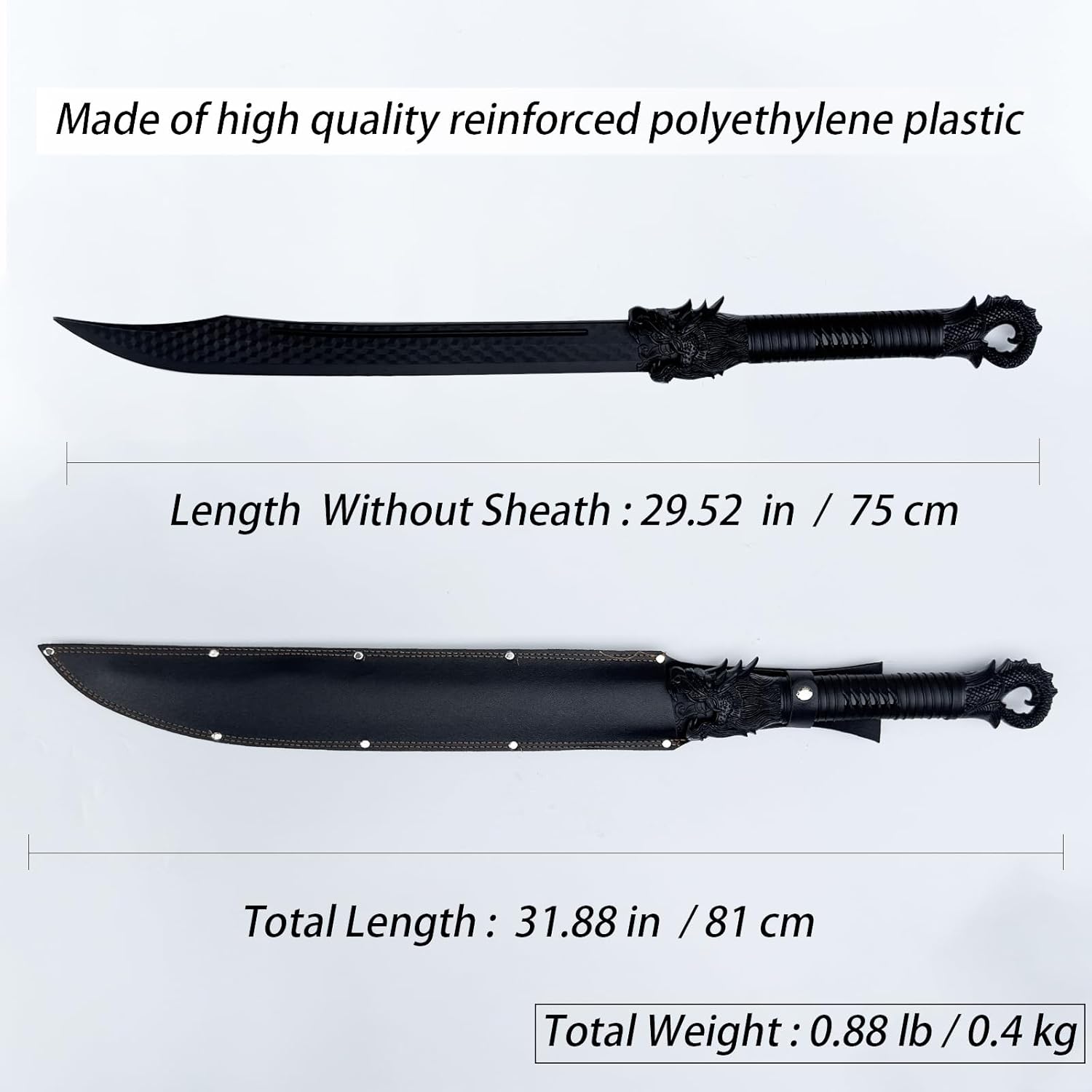 high strength polypropylene martial arts training sword - unbreakable pp plastic with leather sheath, dragon hilt design?black practice katana sword for role-playing and stage performance