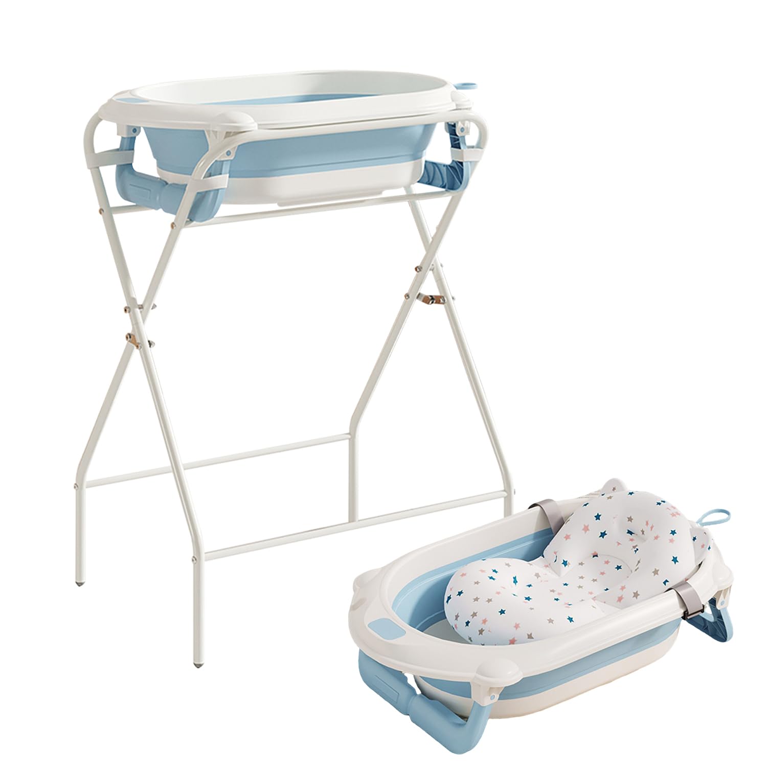 Kynorva Foldable Baby Bathtub with Stand, Water Thermometer & Support Pillow, Ergonomic Tub for Newborn to 12 Months (Blue)