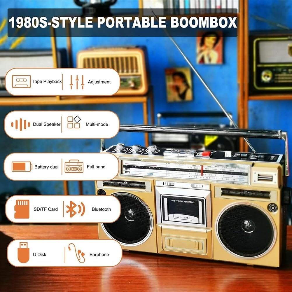 Radio Boombox con lettore CD e cassette, radio FM/DAB+, registrazione USB, Bluetooth, ideale per riunioni di famiglia e viaggi (nero)