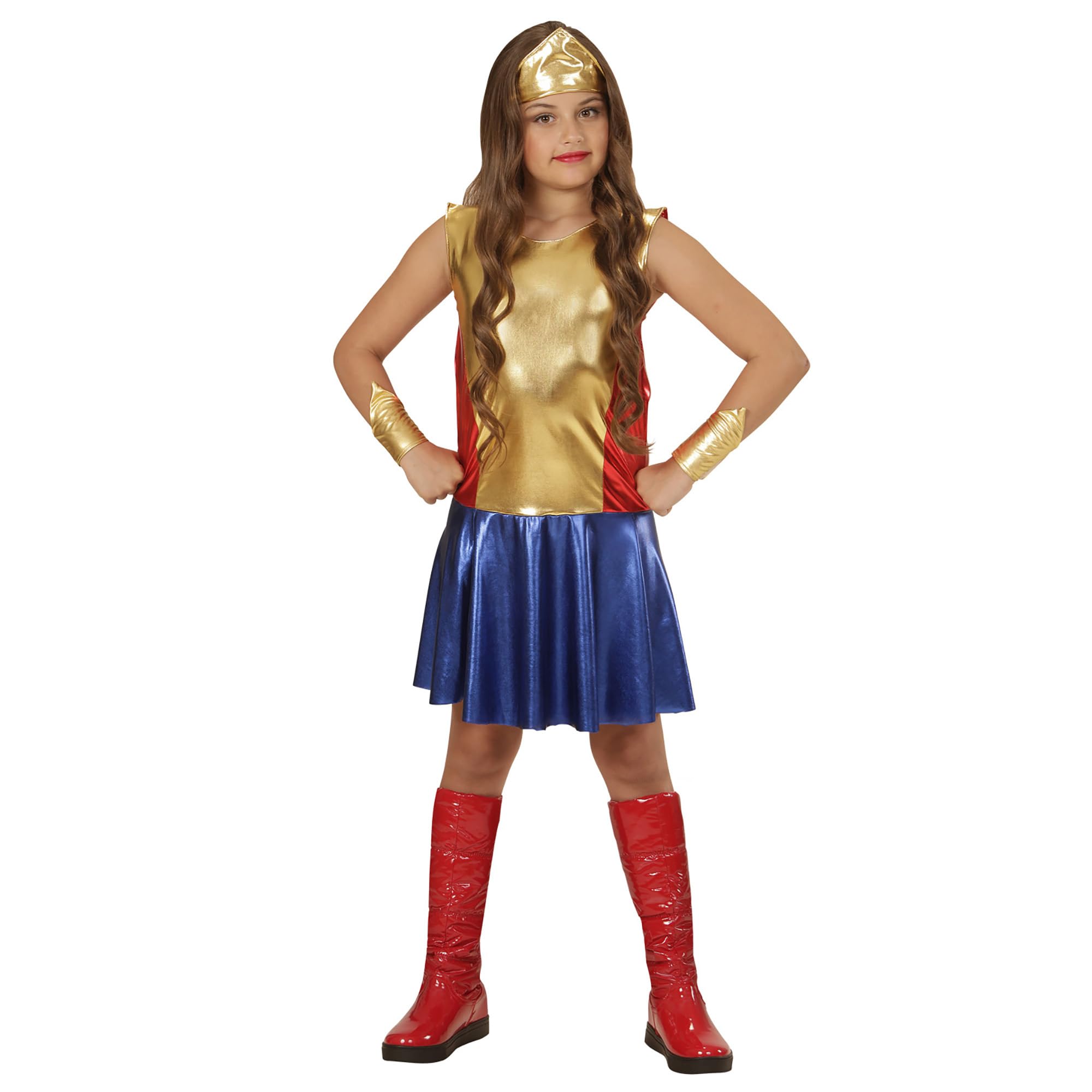 Widmann 01138 Super Hero Girl Children's Costume ? Dress, Sleeves and Headpiece ? Gold