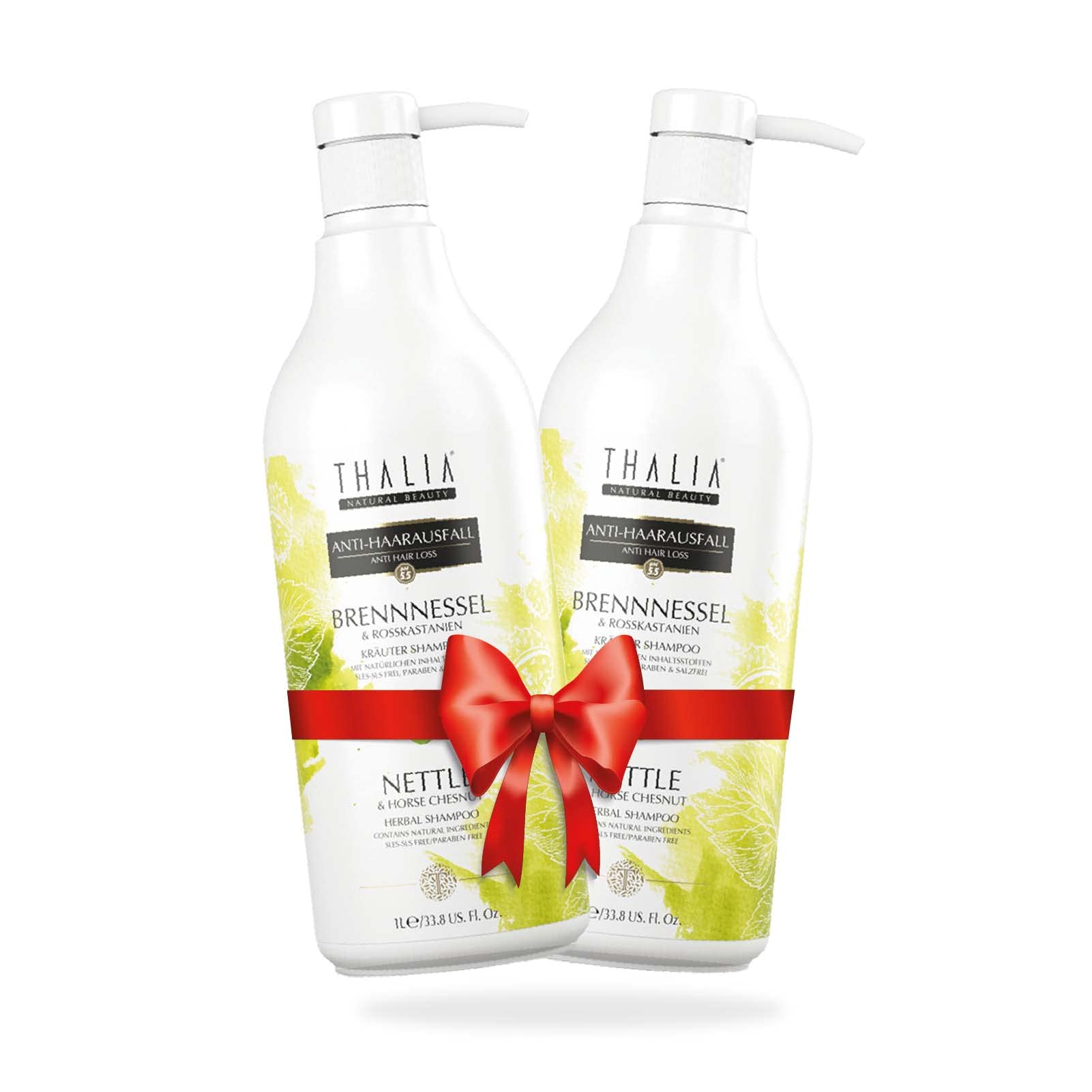 2L Thalia Brennnessel & Rosskastanien Shampoo 2x 1000 ml (2000 ml), unterstützt den Haarwachstum, gegen gespaltenes Haar(Spliss), Antischuppen, ohne Silikon, VEGAN beruhigend Haarpflege 100% natürlich