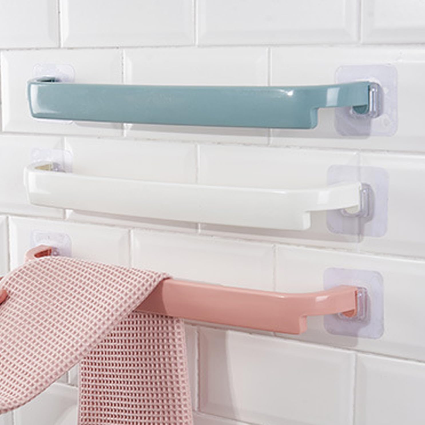 MEZON No Drill Needed Plastic Towel Holder Wall Mounted Rack Shelf Self-Adhesive Cloth Hanging Hanger Bathroom Tool Rack (Random Color) (3)-image-48