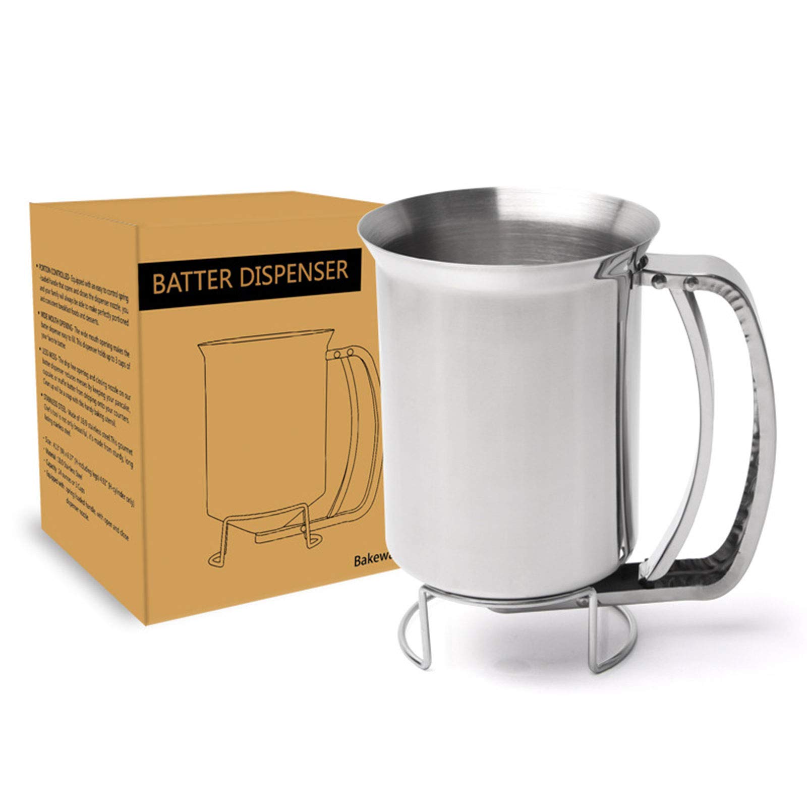 Pannenkoekendeegdispenser, 1,2 l, roestvrij staal, deegportioneerder met standaard, trechter, taartdispenser met 4 trechters, zuigertrechter, baktrechter, kookgerei voor thuis bakkerij