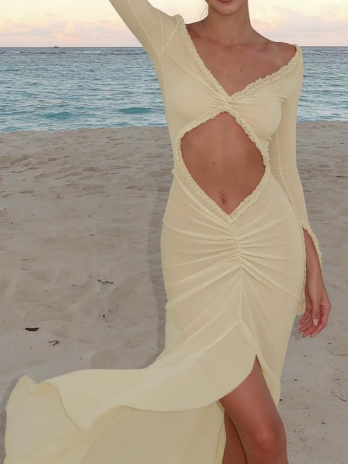 Floerns Women's Beach Vacation Mesh Sheer V Neck Maxi Dress Frill Hem Bodycon Cut Out Front Long Sleeve Dress - Image 4