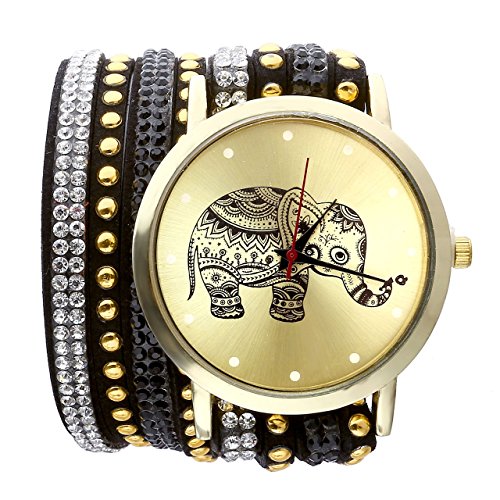 Chianrliu Mode éLéPhant De Rivet Bracelet Quartz Tressé Winding Wrap Montre, Noir