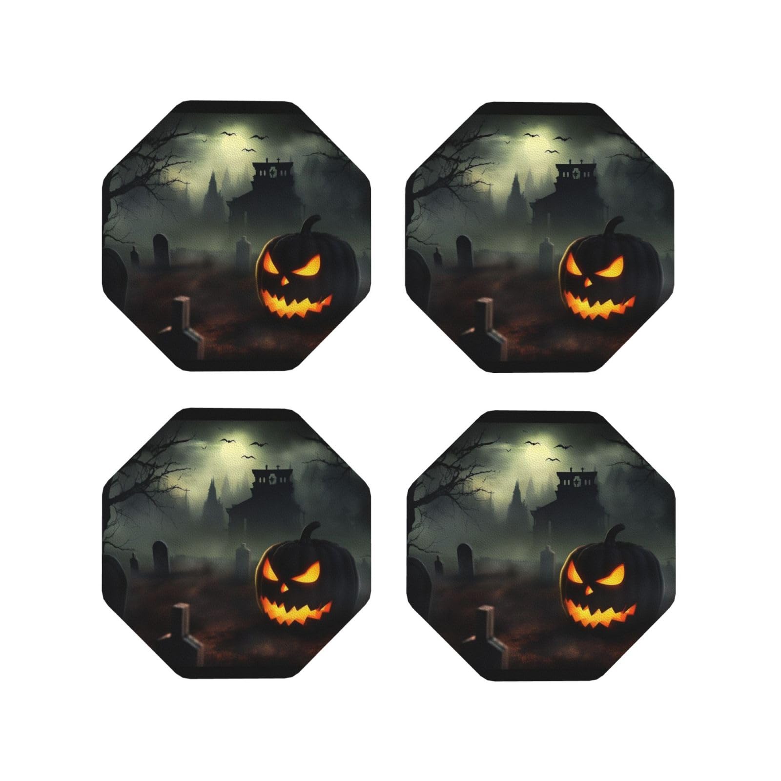 4Pcs PU Leather Coaster for Drinks, Halloween Horror Cup Coastersr 4" Cup Mat Pad, Aesthetic Drink Coasters for Coffee Table, Octagon Coaster for Tabletop Protection
