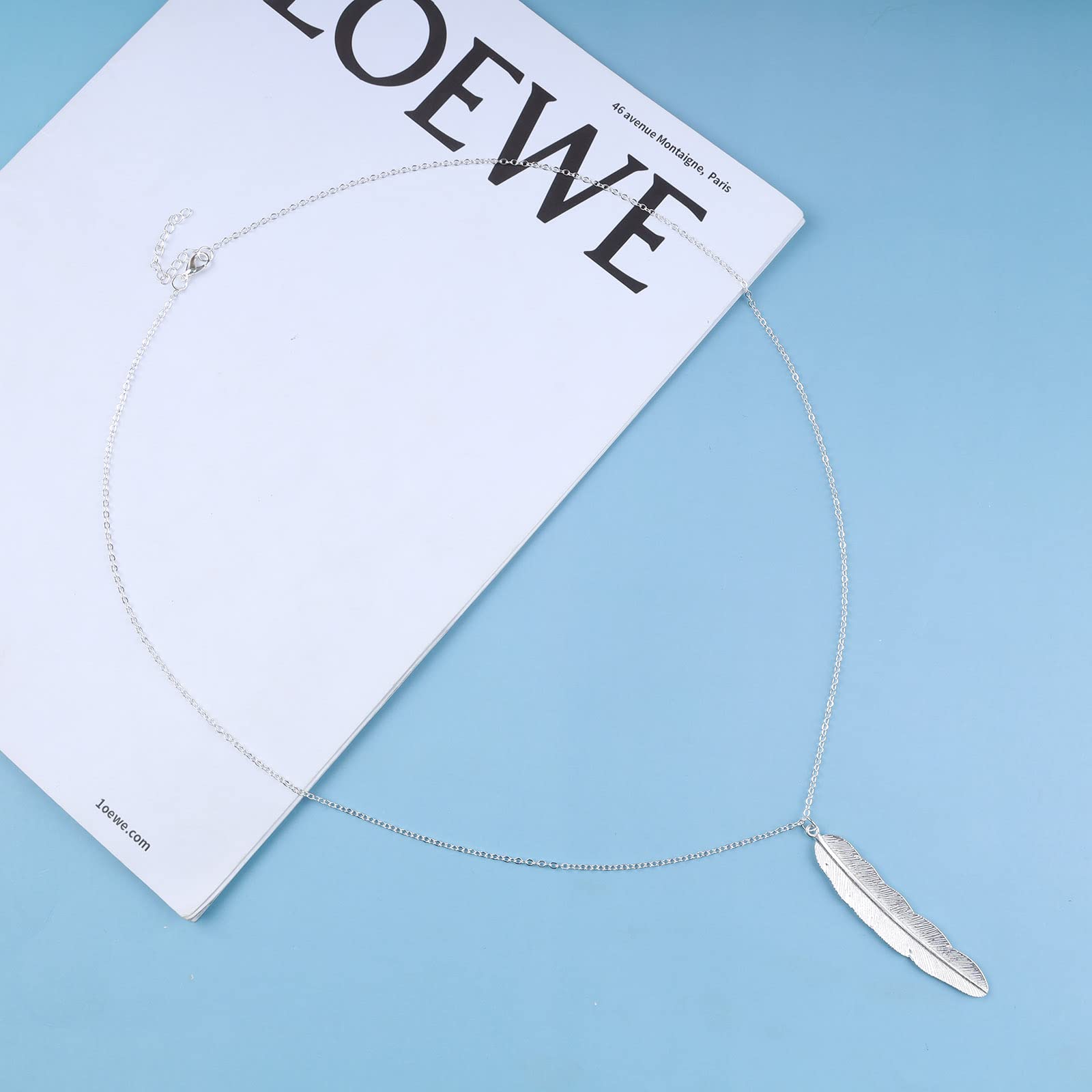 Collana Bohémien Con Ciondolo A Piuma E Foglia Lunga In Argento - Gioiello A Y Per Donna E Ragazza, Catena Regolabile 61 Cm, Stile Zingaro Chic