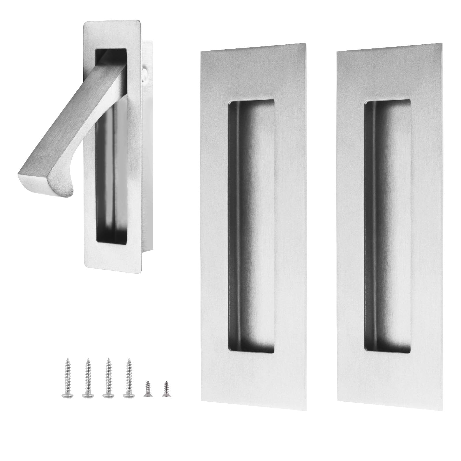 UFURMATE 1Pcs Flush Mount Door Pull and 2Pcs 6in Edge Pulls Stainless Steel Recessed Pocket Door Handle Set Sliding Door Pull Hardware for Closet (Silver, Large Size)