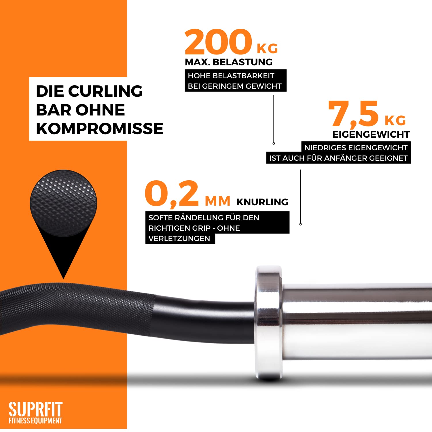 Suprfit SZ Curl Hantelstange, Profi Langhantelstange, Olympic Barbell 7,5 kg, 120 cm, 50 mm Aufnahme, Griff 25 mm, max. Gewicht 135 kg, Stahl Chrom Schwarz