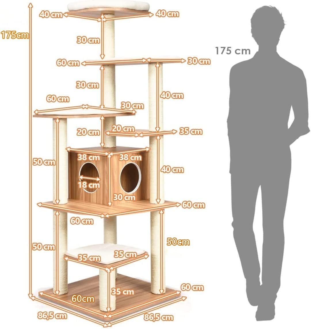 COSTWAY Drapak z Drewna 175 cm, 6-Stopniowy Domek do Zabawy dla Kotów z Jaskiniami i 5 Matami, Drzewo Aktywności, Meble, Drzewo do Wspinaczki, Beżowy + Naturalny