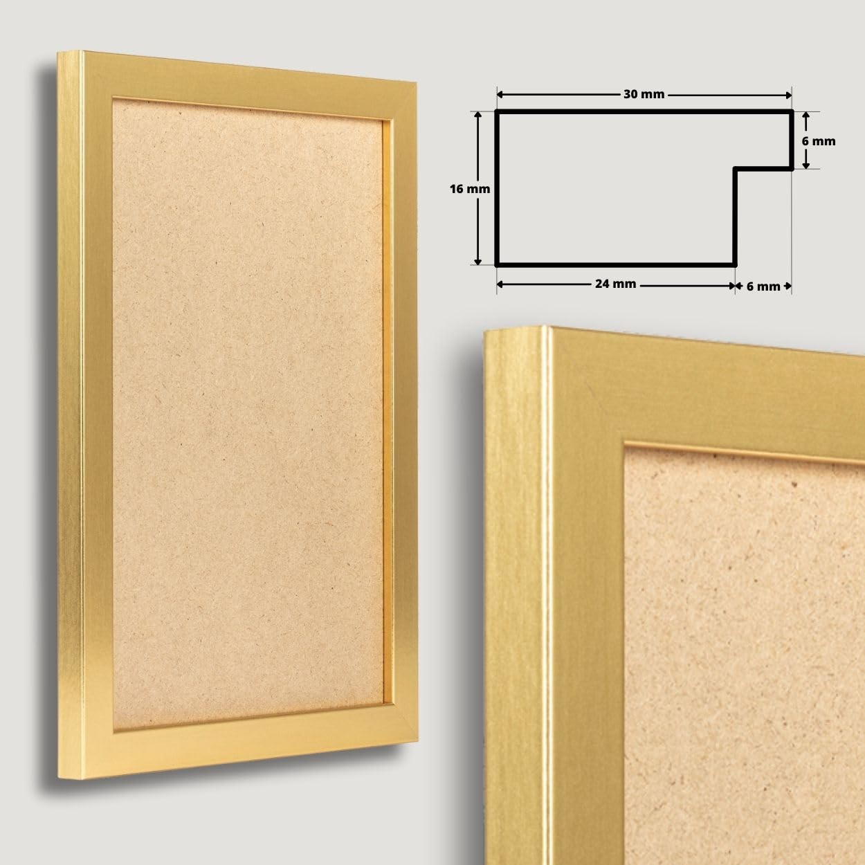 N°2 Bilderrahmen 90x120 cm Bildmaß, Gold, MDF Holz | eckige Profilleiste 30 mm foliert, Kunstglas glasklar & bruchsicher, HDF-Rückwand, Metall-Zackenaufhänger, handgefertigt