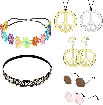 VEGCOO 7PCS Hippie Costume Set, Peace Sign Necklace&Earrings, 70s