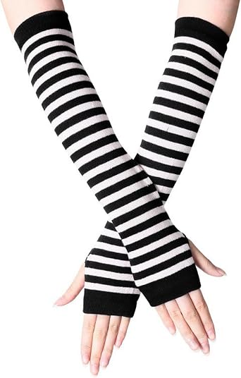 1 Pair Striped Arm Warmers   Fingerless Arm Sleeves with Thumb Hole   Black and White Punk Goth Long Gloves   Y2K EMO Costume Accessories   Unisex for Women and Men