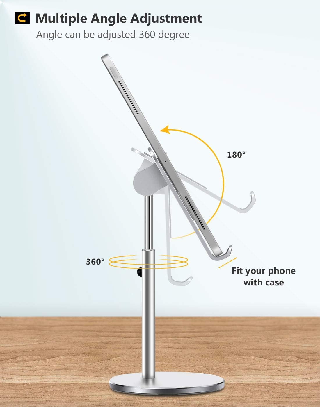 Cell Phone Stand for Desk, Height Angle Adjustable iPad Tablet Holder Stand, Sturdy Aluminum Metal Phone Holder, Compatible with iPhone/iPad/Kindle/Mobile Phone/Tablet – Silver