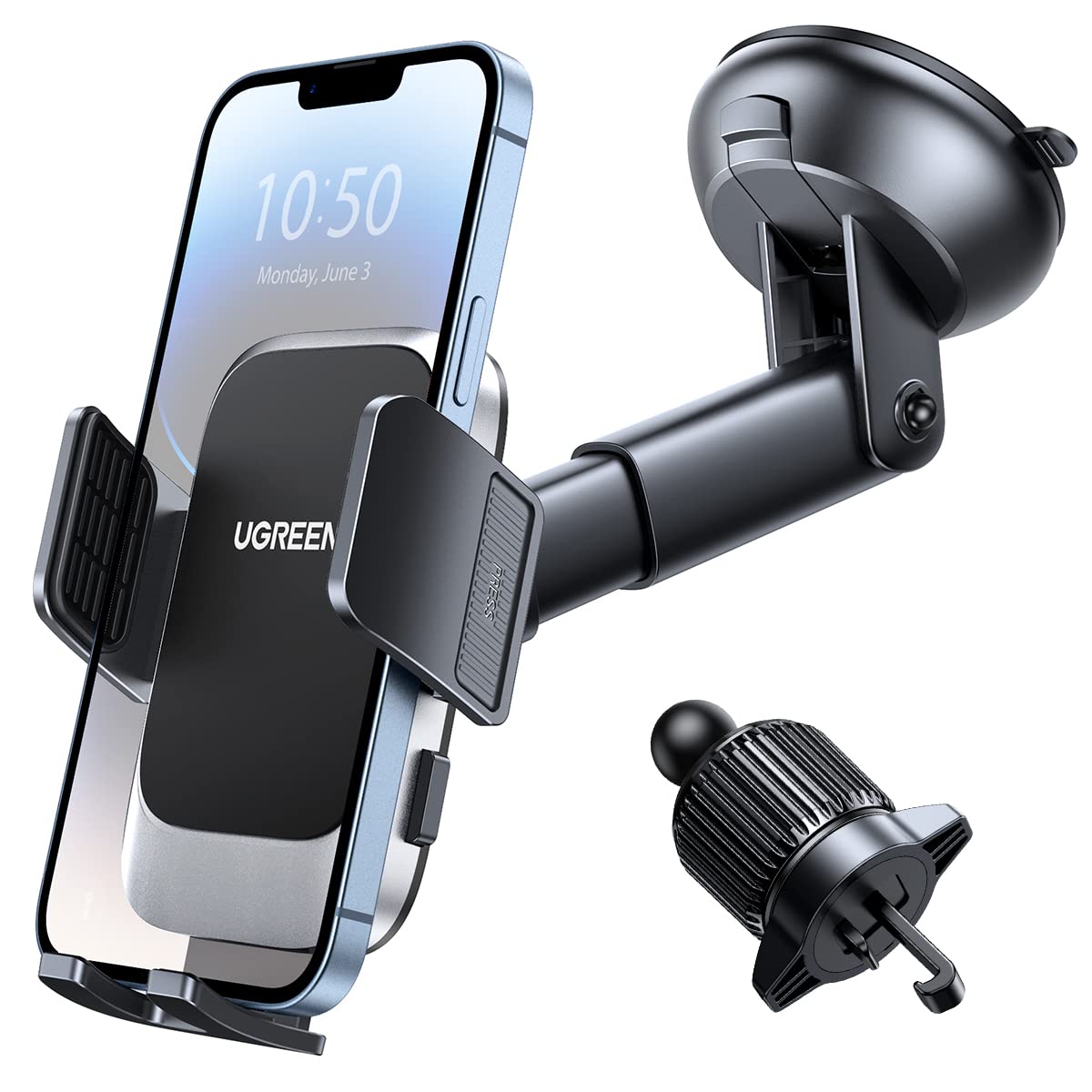 UGREEN Car Phone Holder Car Mount, [Upgraded 4-in-1 Dashboard/Air Vent/Windscreen], [One-button Release], Metal Hook Mobile Holder, Fit for iPhone 17/16/15/14, Samsung S25/24/23, 4.7-7.2" Accessories