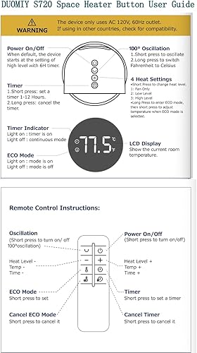 Miniatura 9 de Calentador de espacio para uso en interiores, calentadores eléctricos de 1500 W con oscilación de 100, temporizador de 1 a 12 horas, control remoto,