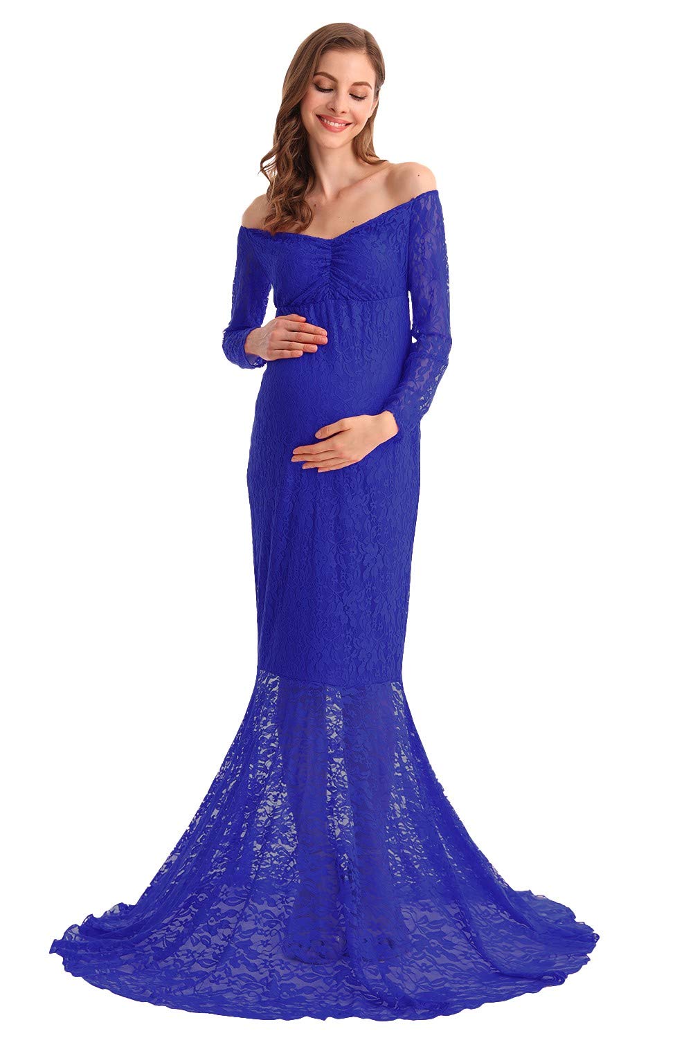 HIHCBFWomen Mermaid Maternity Lace Dress V-Neck Off Shoulder Slim Fit Bridesmaid Wedding Baby Shower Photo Shoot Gown