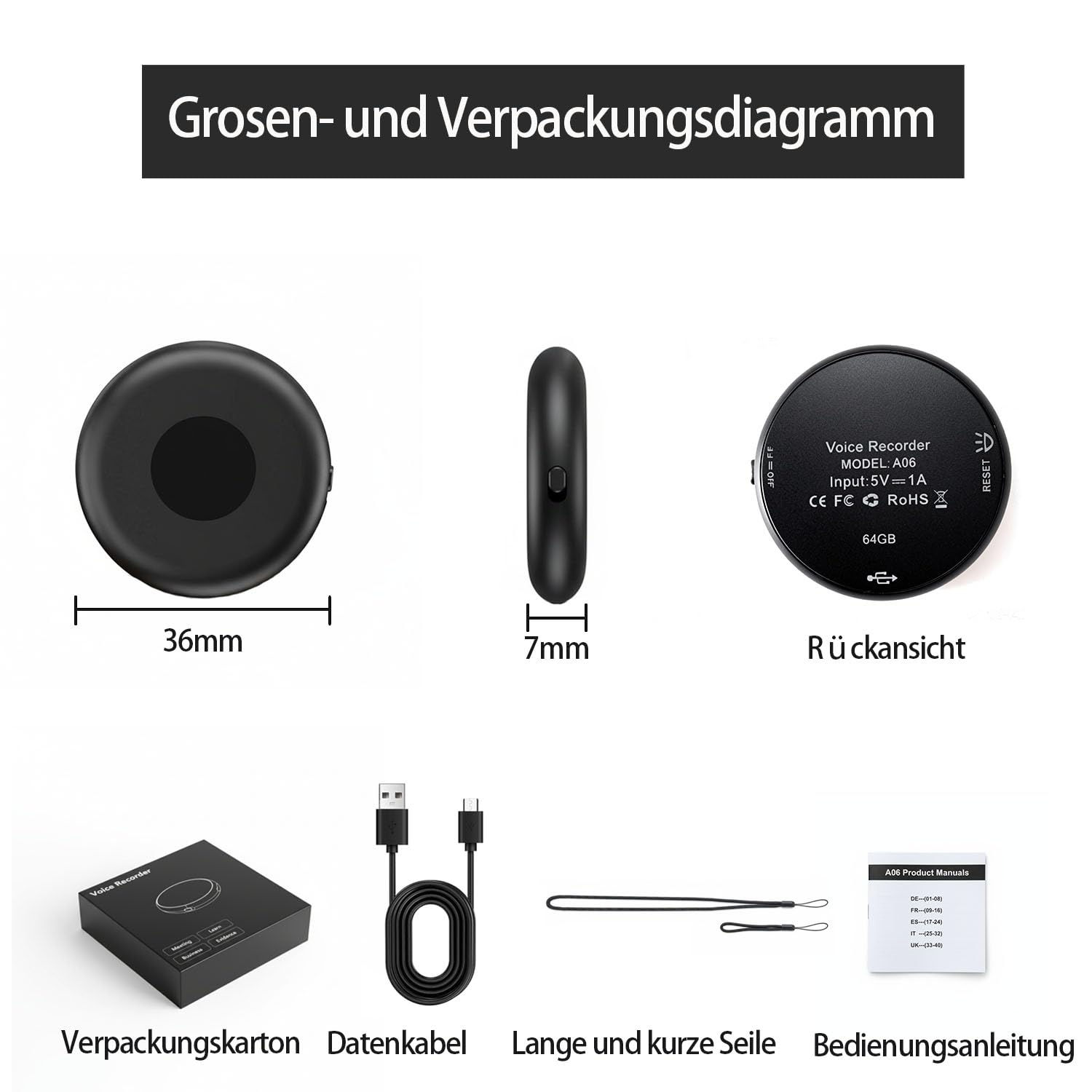 Diktiergerät Mini,64 GB Speicher Diktiergerät | Aufnahmegerät, Wiederaufladbar Über USB, Sprachaktivierung, Mit Mikrofon, Für Meetings und Interviews(0.2)