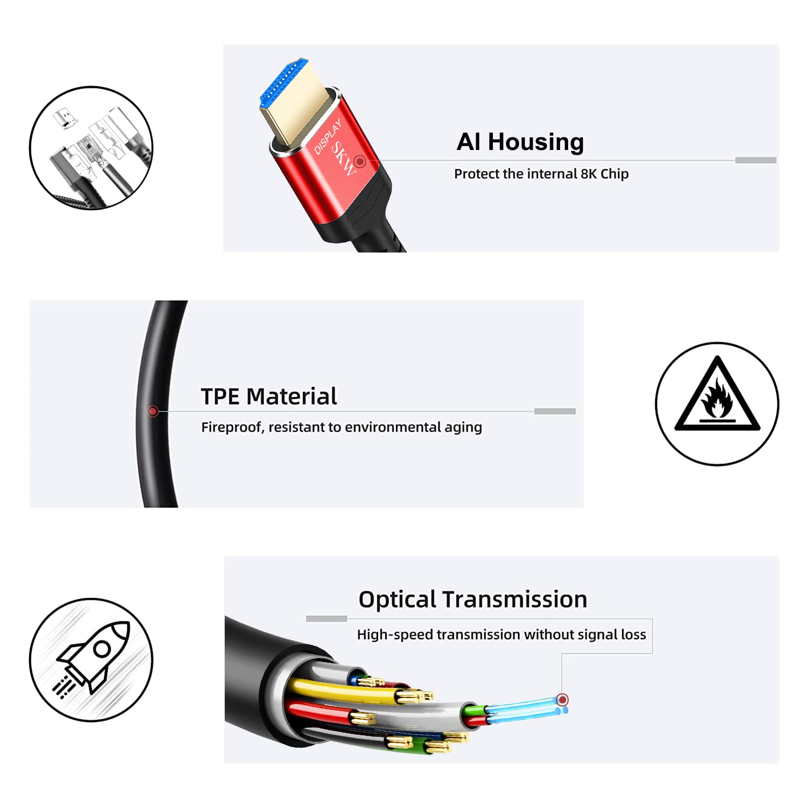 SKW 8K Fiber Optic HDI 2.1 Cable 50ft, Ultra High Speed 48Gbps HDI - View #8