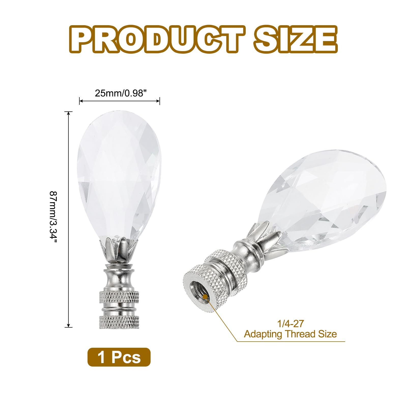 PATIKIL 1pcs 1/4-27 Lamp Finial Cap Knob, Clear Oval Rhombus Shaped Crystal, Silver Tone - Image 2