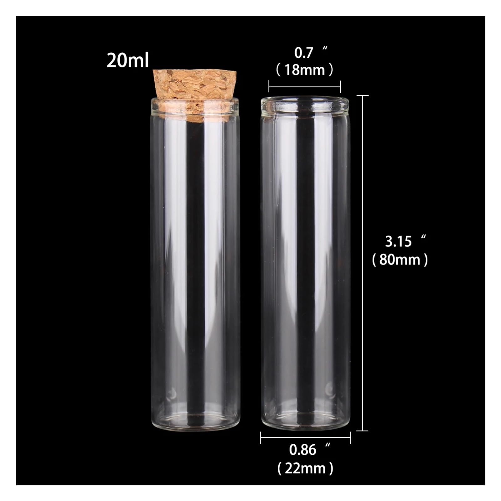 Probeta 24 unids/Lote 5ml 7ml 10ml 14ml 18ml 20ml 25ml 30ml Tubo de ensayo de Vidrio con tapón de Corcho Botellas de Mensajes frascos Arte Manualidades DIY(20ml-80mm)