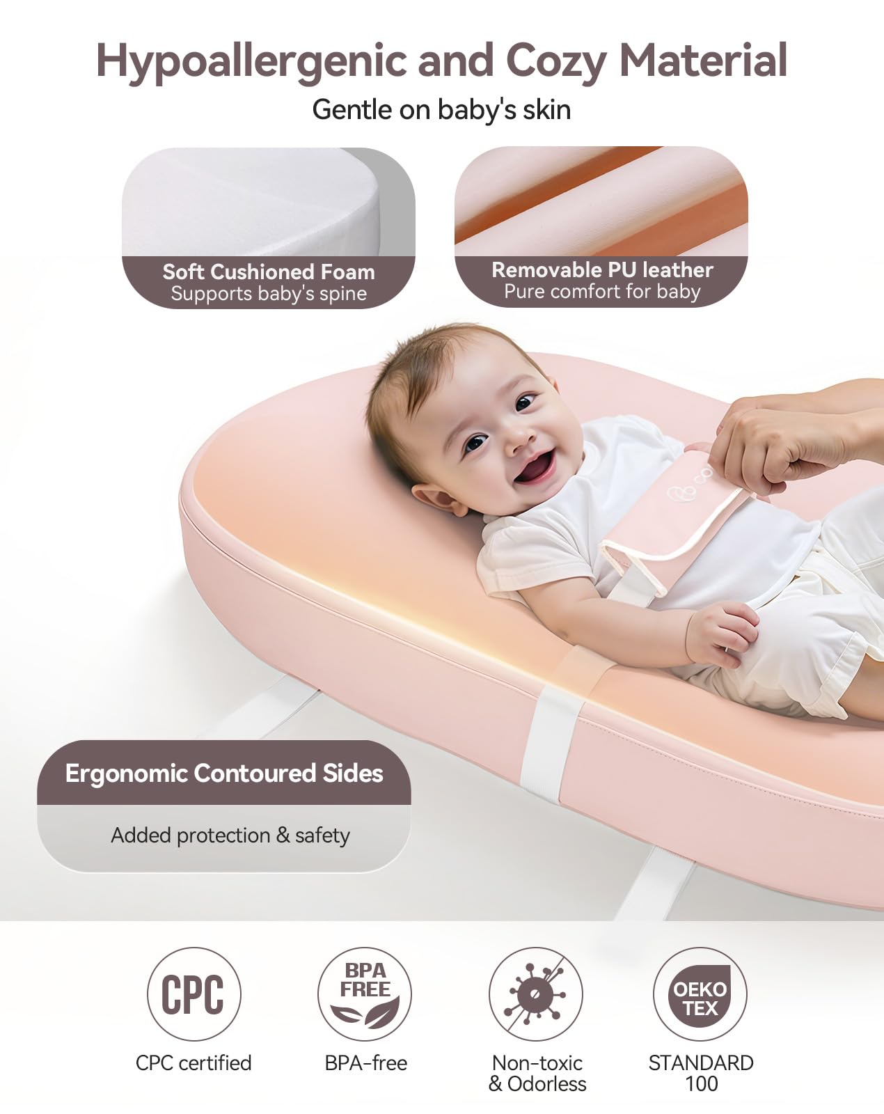COMOMY Fasciatoio con copertura in PU lavabile e impermeabile, tappetino per fasciatoio sagomato per comò con cintura di sicurezza antiscivolo, portatile e leggero, grande schiuma imbottita, rosa
