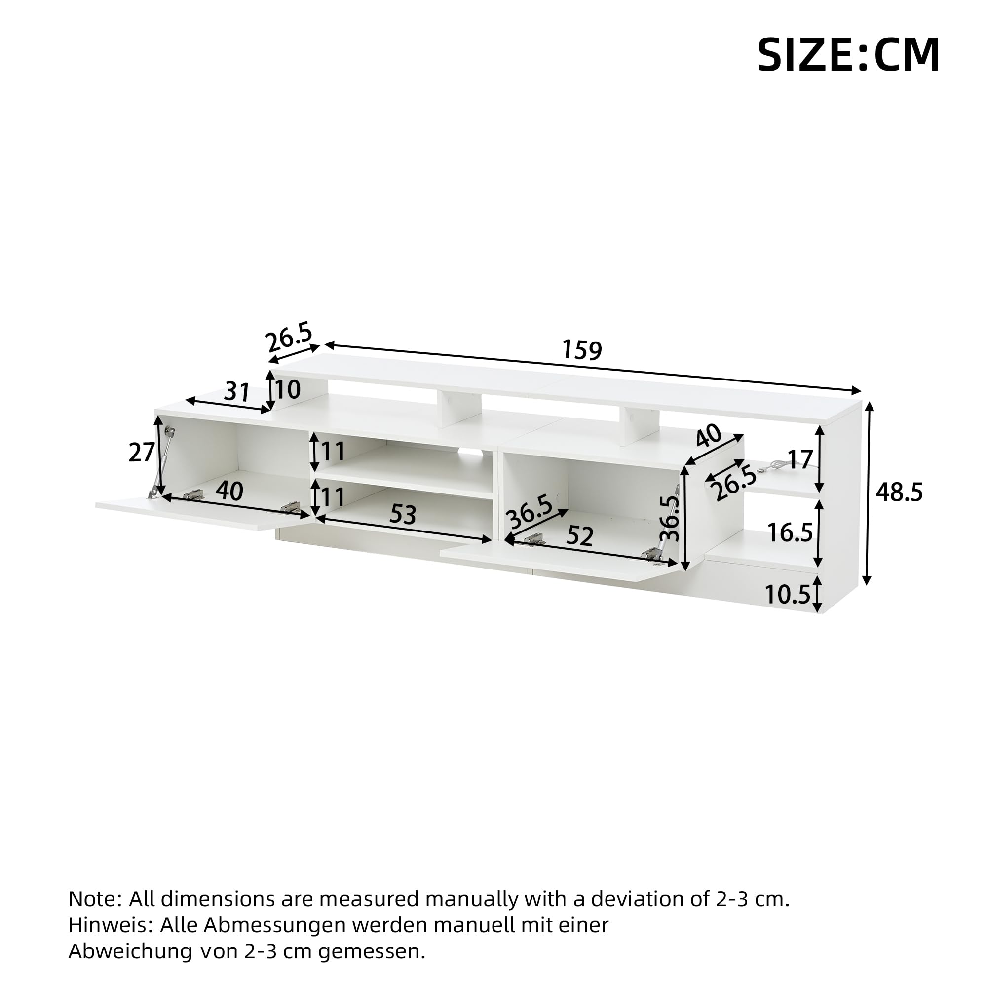 Azkoeesy Mobile TV da 190 cm, bianco lucido, luci a LED, 2 ante e scomparti aperti, moderno mobile TV per soggiorno
