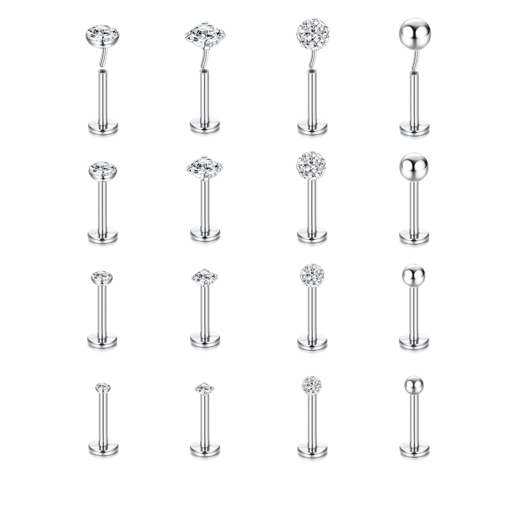 MILACOLATO16G Piercing Labret Labio Acero Inoxidable Clear CZ Bola Redonda Labio Medusa Nariz Piercing Joyas Plata Oro Piercing Oreja Cartílago Tragus Pendientes Para Mujer Hombre 16Piezas 6mm 8mm