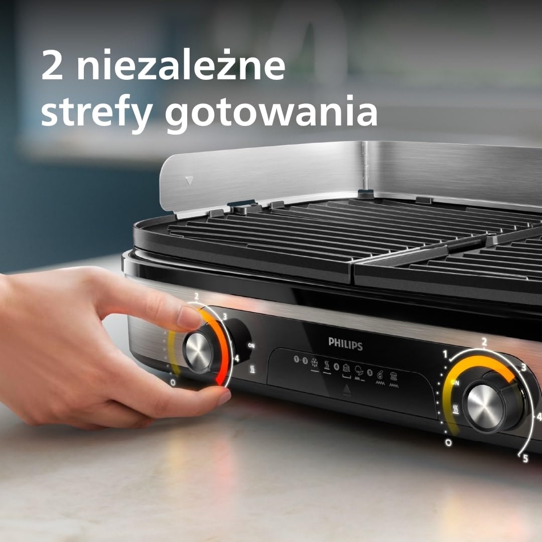 Philips Grill Stołowy Serii 5000 – Duża powierzchnia, Dwustronne płyty, 2 strefy grzewcze, Regulowana temperatura, 2400W, Nieprzywierająca powłoka, Możliwość mycia w zmywarce (HD6222/95)